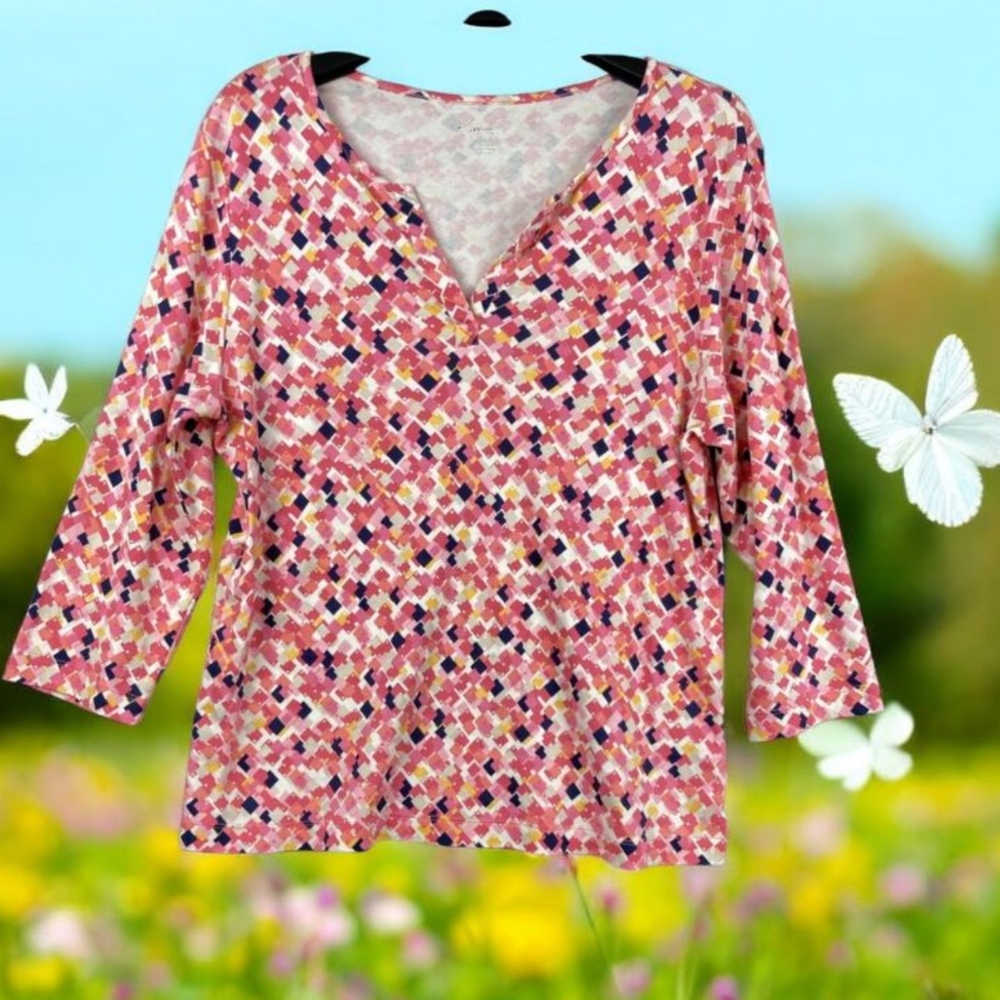🦋Kim Rogers Pink and Yellow Patterned Blouse